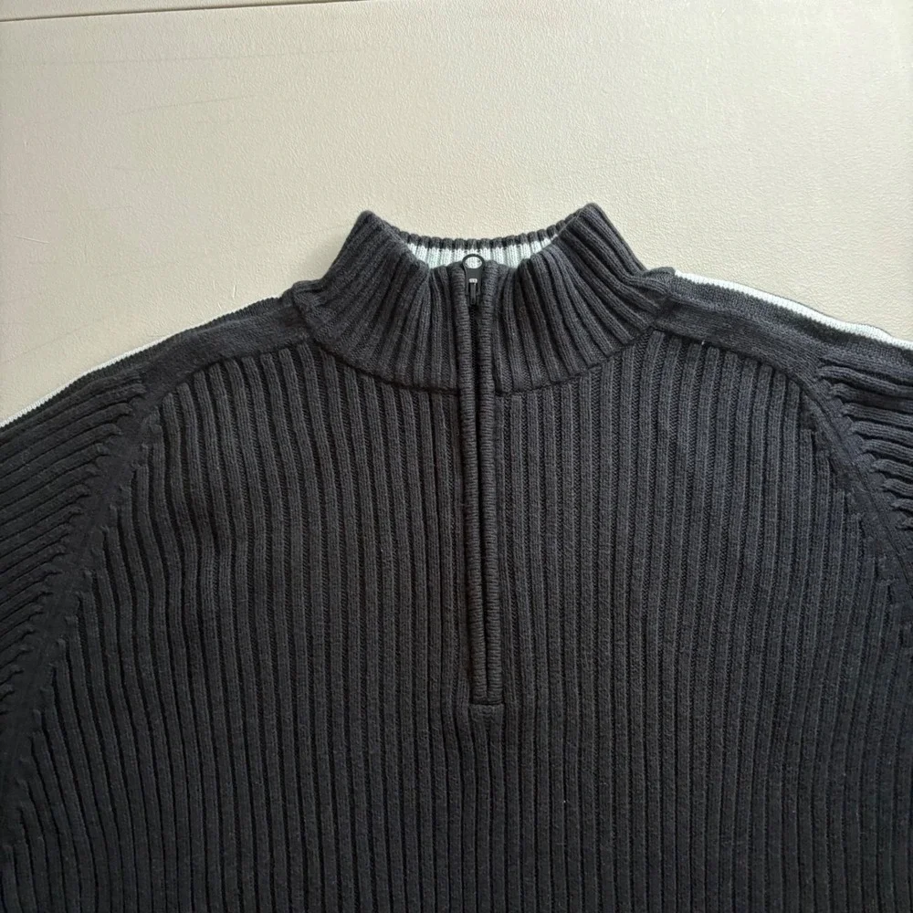 American Rag Mens XL Black Ribbed Quarter Zip Sweater Stripe Sleeve Mock Neck